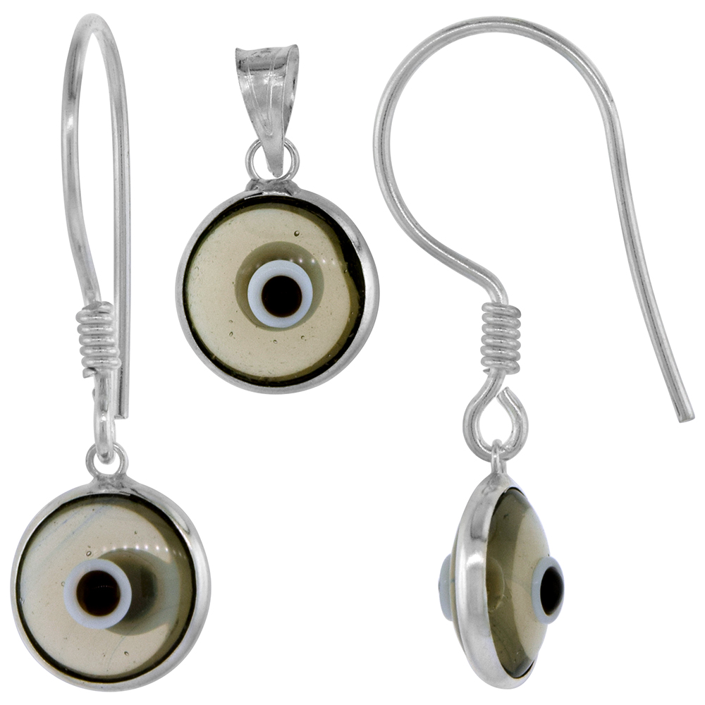 Sterling Silver Evil Eye Pendant & Earrings Set Clear Smokey Quartz Color