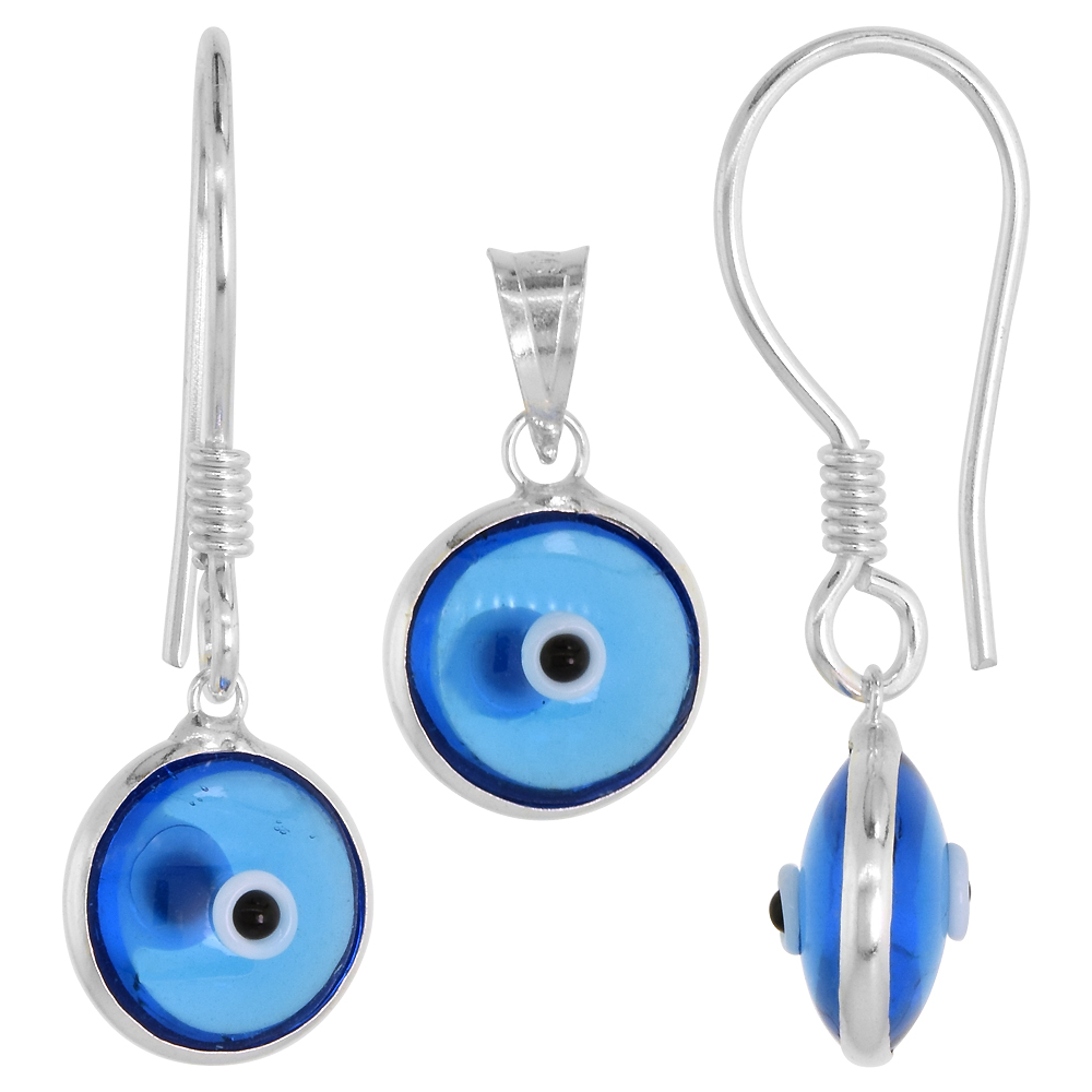 STERLING SILVER EVIL EYE PENDANT & EARRINGS SET CLEAR LIGHT BLUE COLOR, 3/8 INCH WIDE