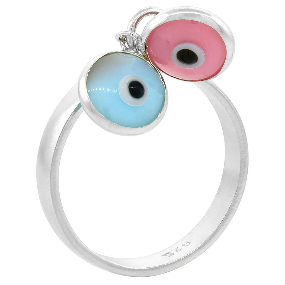 Sterling Silver Evil Eye Ring Blue & Pink Color, sizes 6 to 9