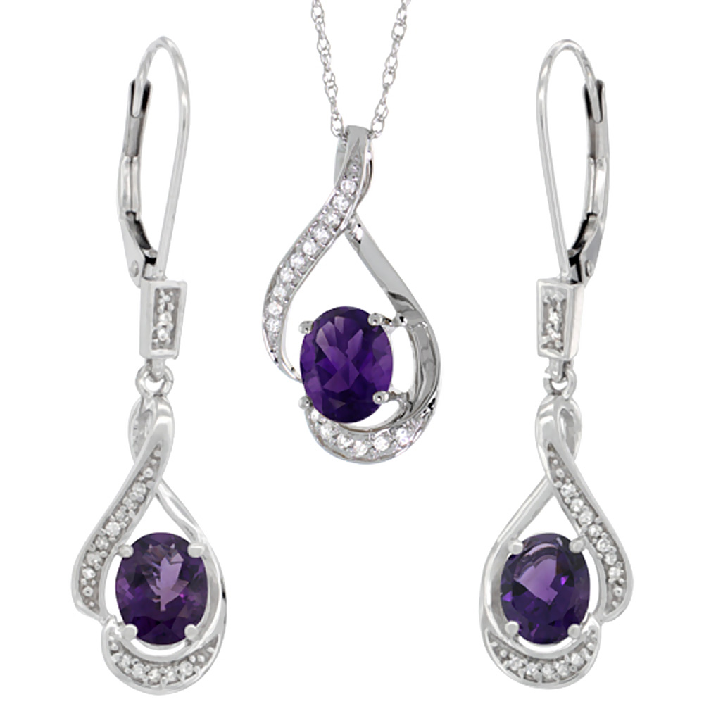 14K White Gold Diamond Natural Amethyst Lever Back Earrings & Necklace Set Oval 7x5mm, 18 inch long