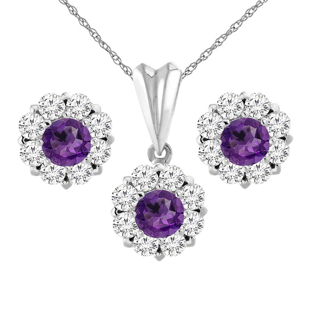 14K White Gold Natural Amethyst Earrings and Pendant Set with Diamond Halo Round 6 mm