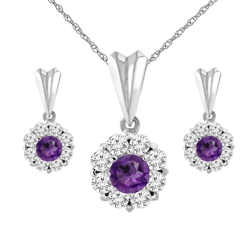 14K White Gold Natural Amethyst Earrings and Pendant Set with Diamond Halo Round 4 mm