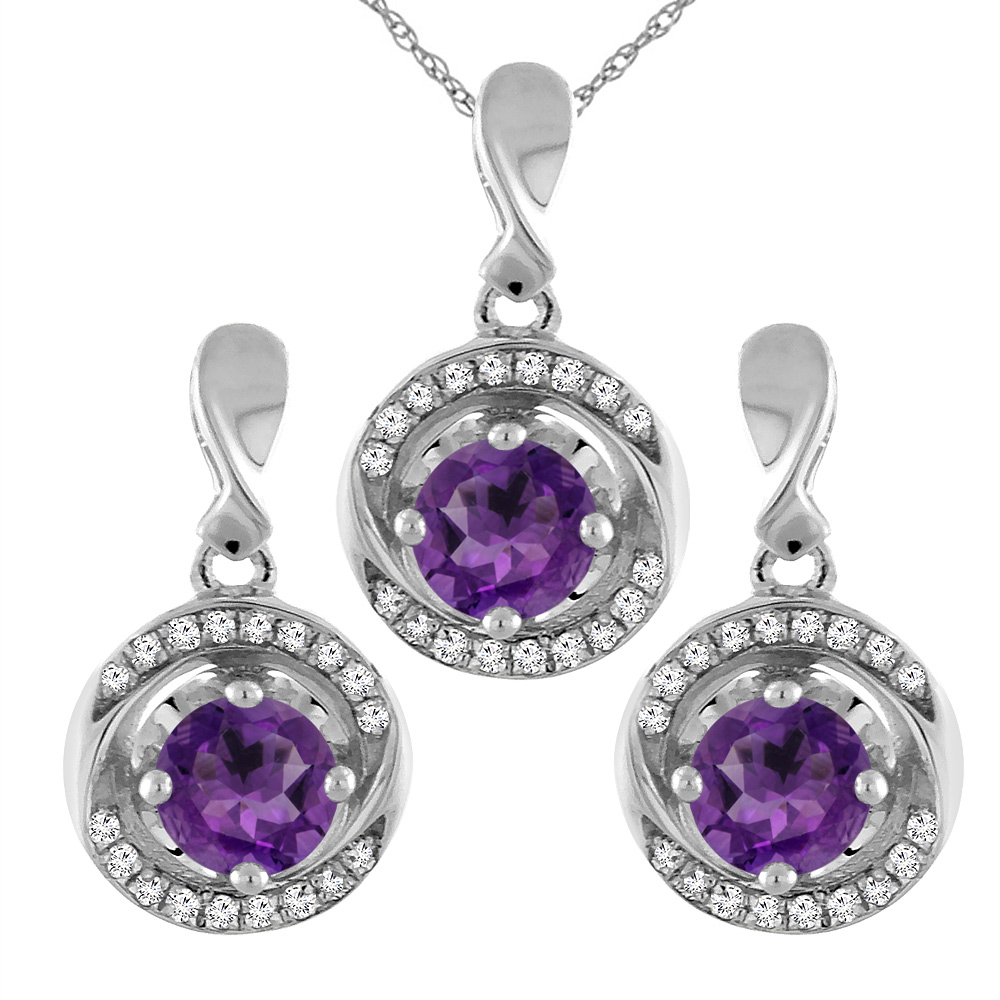 14K White Gold Natural Amethyst Earrings and Pendant Set with Diamond Accents Round 4 mm