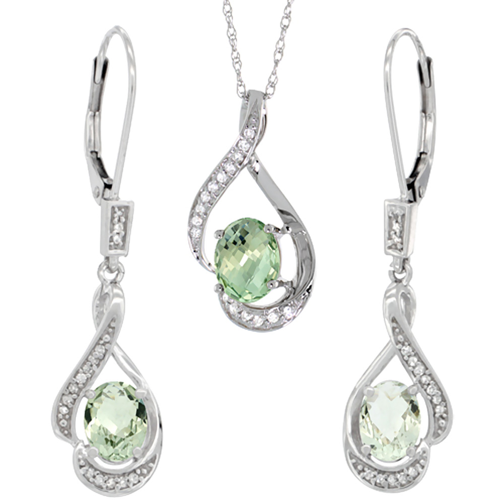 14K White Gold Diamond Natural Green Amethyst Lever Back Earrings &amp; Necklace Set Oval 7x5mm, 18 inch long