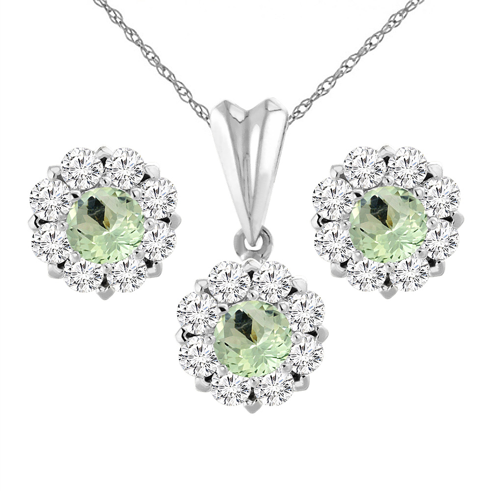 14K White Gold Natural Green Amethyst Earrings and Pendant Set with Diamond Halo Round 6 mm