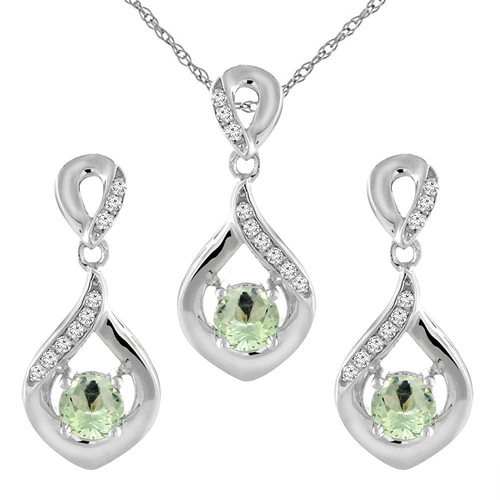 14K White Gold Natural Green Amethyst Earrings and Pendant Set with Diamond Accents Round 4 mm