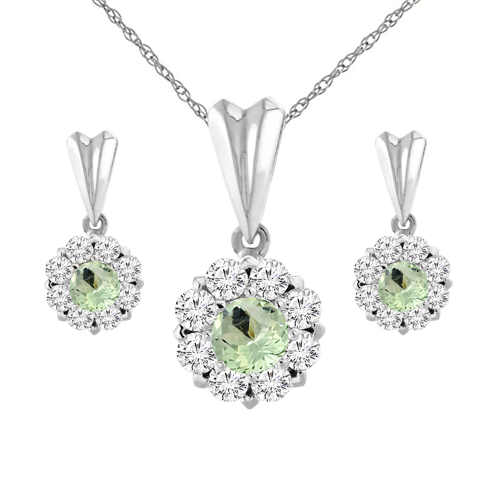 14K White Gold Natural Green Amethyst Earrings and Pendant Set with Diamond Halo Round 4 mm