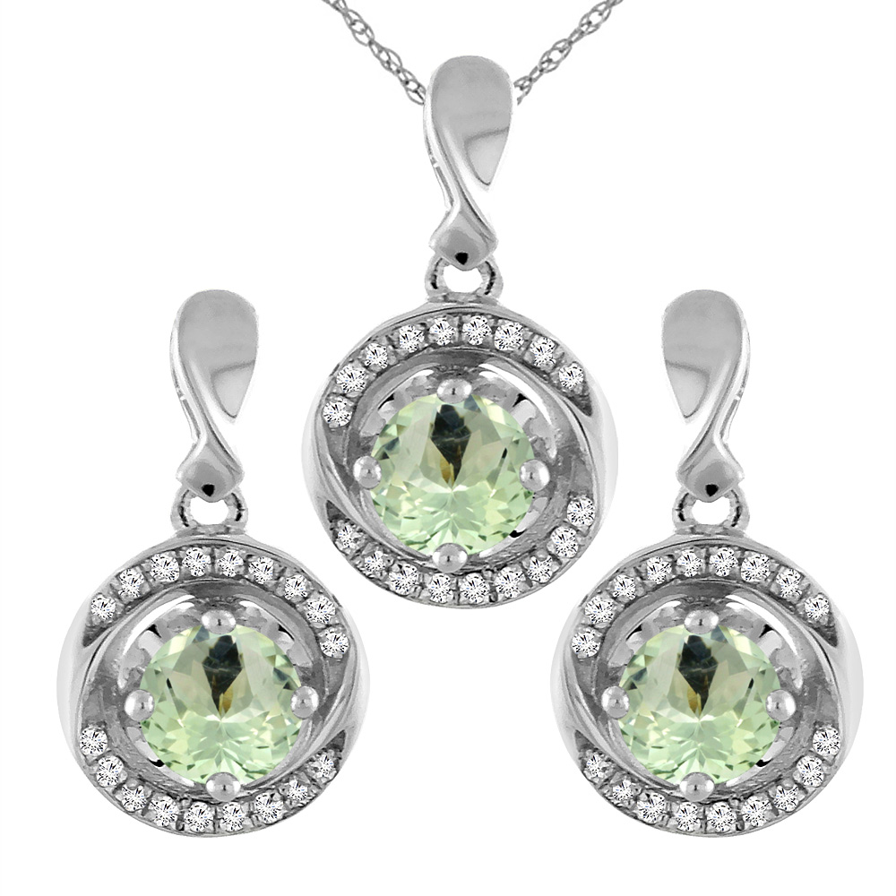 14K White Gold Natural Green Amethyst Earrings and Pendant Set with Diamond Accents Round 4 mm
