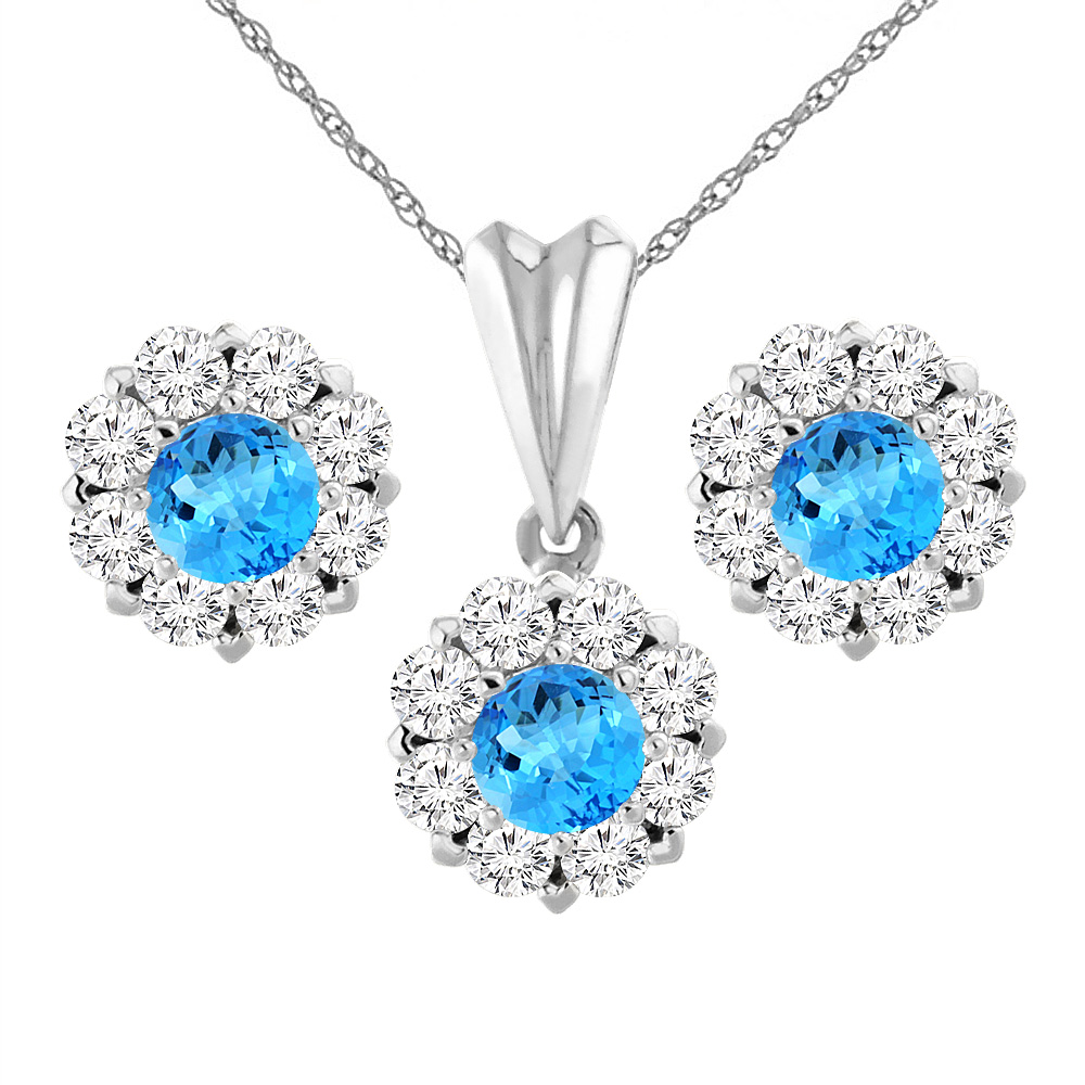 14K White Gold Natural Swiss Blue Topaz Earrings and Pendant Set with Diamond Halo Round 6 mm