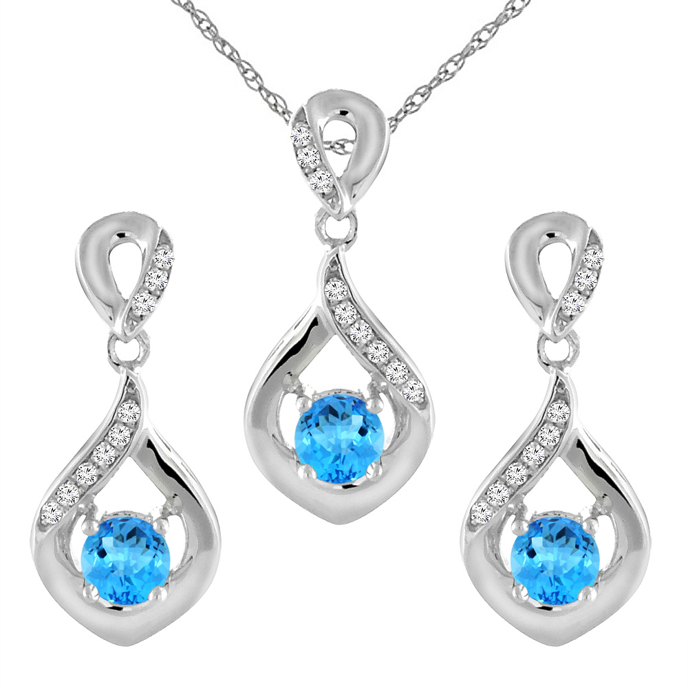 14K White Gold Natural Swiss Blue Topaz Earrings and Pendant Set with Diamond Accents Round 4 mm