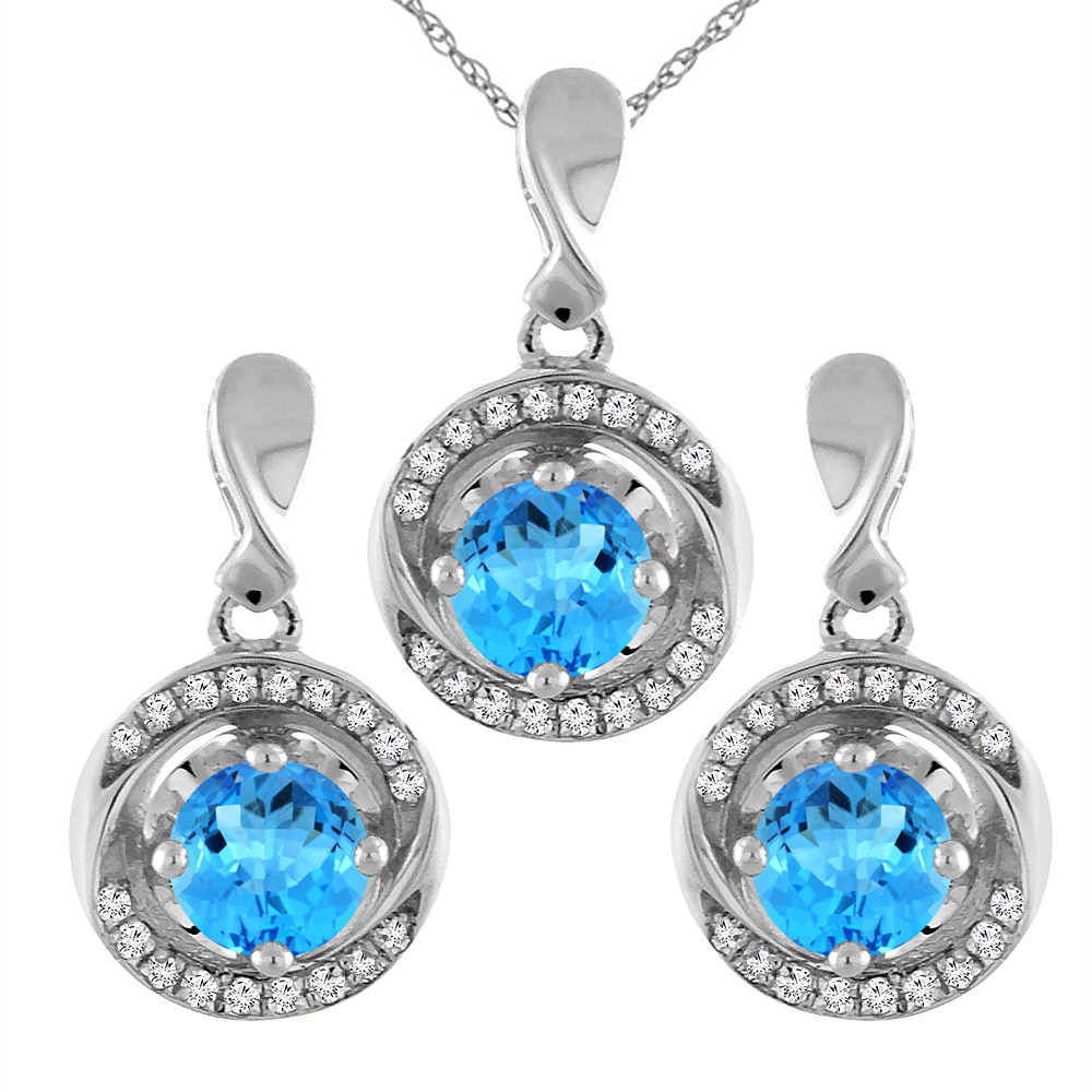 14K White Gold Natural Swiss Blue Topaz Earrings and Pendant Set with Diamond Accents Round 4 mm