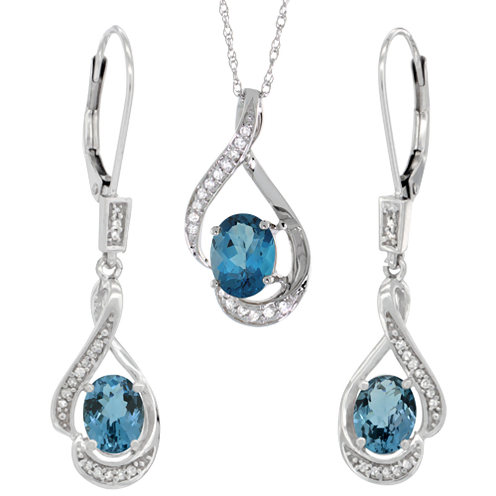 14K White Gold Diamond Natural London Blue Topaz Lever Back Earrings Necklace Set Oval 7x5mm,18 inch long