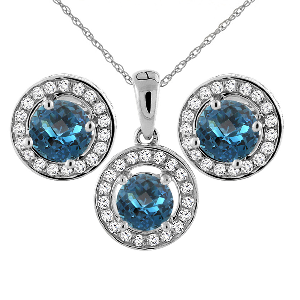 14K White Gold Natural London Blue Topaz Earrings and Pendant Set with Diamond Halo Round 5 mm