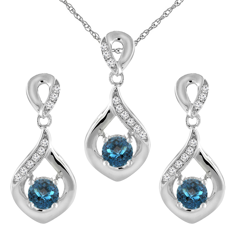 14K White Gold Natural London Blue Topaz Earrings and Pendant Set with Diamond Accents Round 4 mm