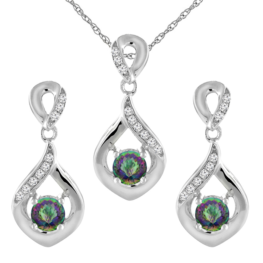 14K White Gold Natural Mystic Topaz Earrings and Pendant Set with Diamond Accents Round 4 mm