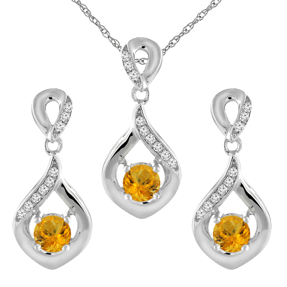 14K White Gold Natural Citrine Earrings and Pendant Set with Diamond Accents Round 4 mm