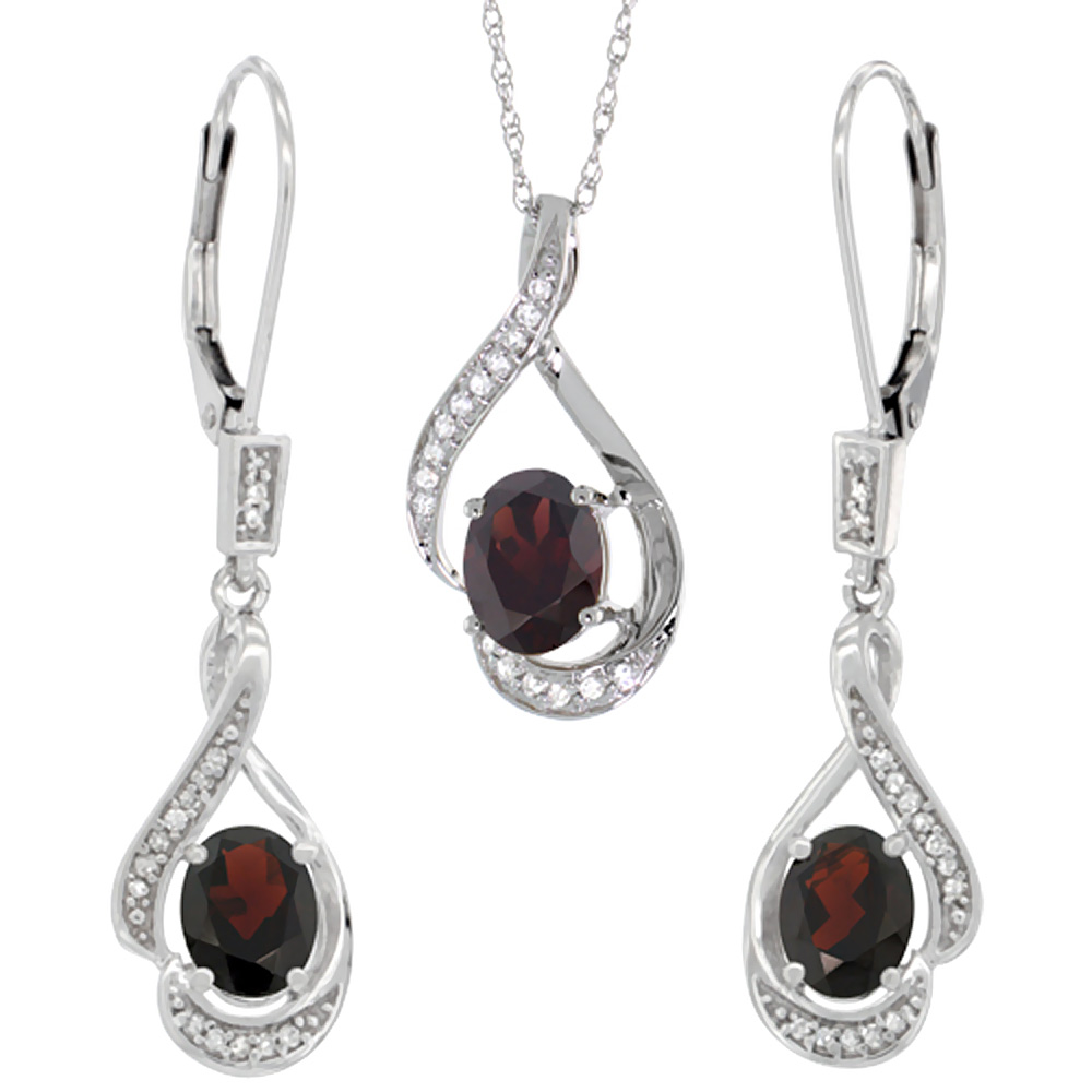 14K White Gold Diamond Natural Garnet Lever Back Earrings & Necklace Set Oval 7x5mm, 18 inch long