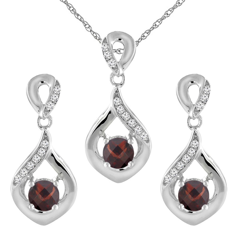 14K White Gold Natural Garnet Earrings and Pendant Set with Diamond Accents Round 4 mm