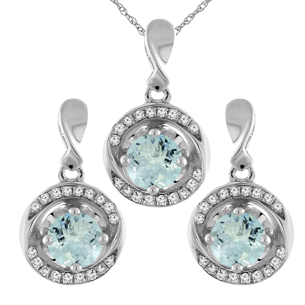 14K White Gold Natural Aquamarine Earrings and Pendant Set with Diamond Accents Round 4 mm