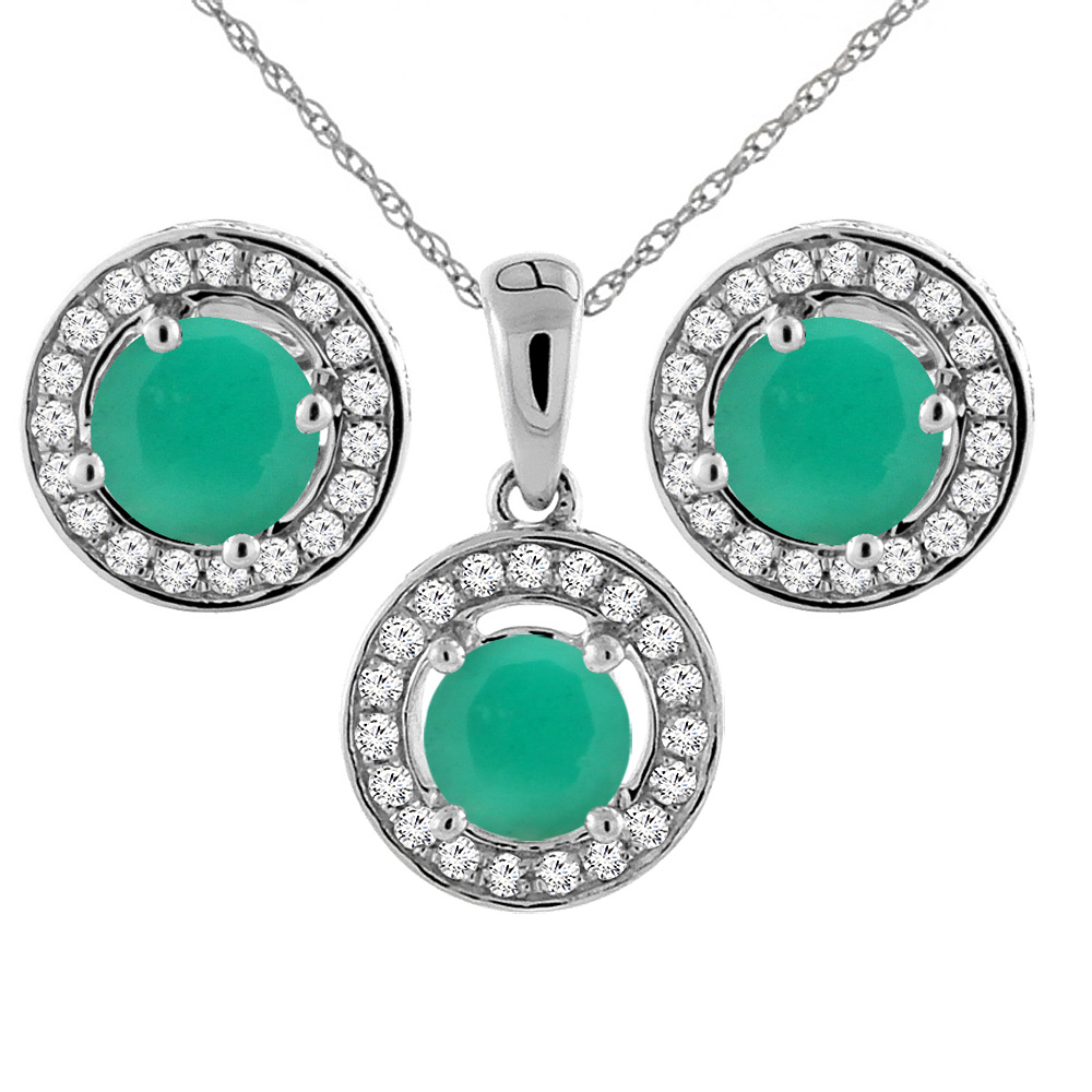 14K White Gold Natural Emerald Earrings and Pendant Set with Diamond Halo Round 5 mm