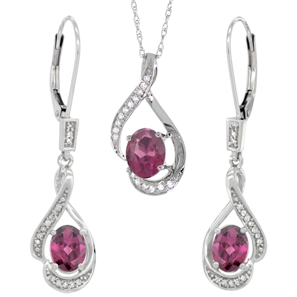 14K White Gold Diamond Natural Rhodolite Lever Back Earrings & Necklace Set Oval 7x5mm, 18 inch long