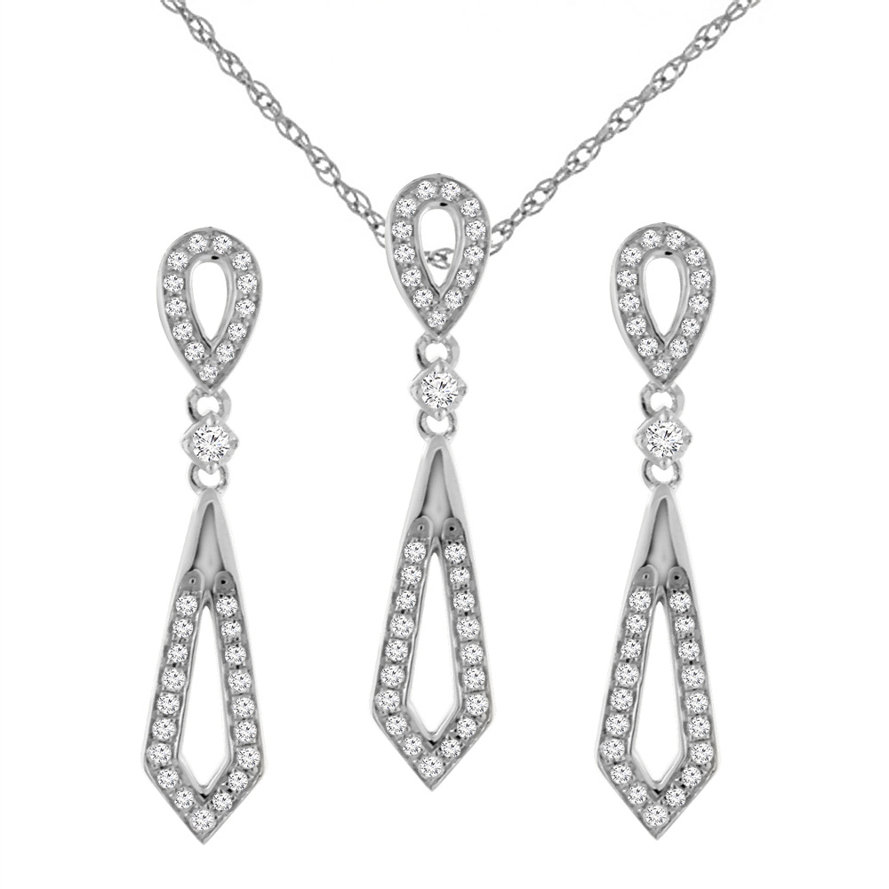 14K White Gold 0.65 cttw Genuine Diamond Elongated Earrings and Pendant Set, 3/16 inches wide