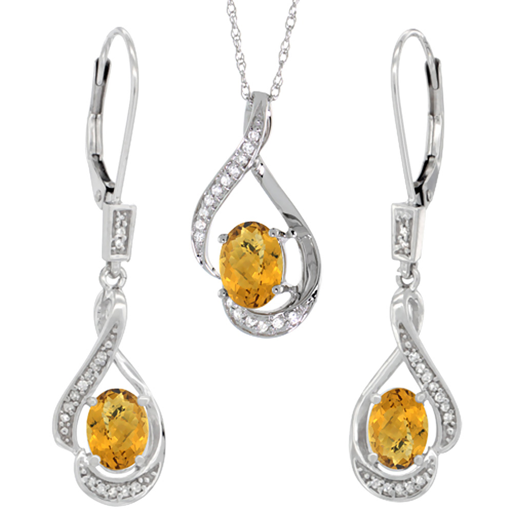 14K White Gold Diamond Natural Whisky Quartz Lever Back Earrings &amp; Necklace Set Oval 7x5mm, 18 inch long