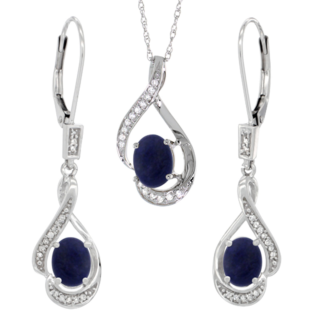 14K White Gold Diamond Natural Lapis Lever Back Earrings &amp; Necklace Set Oval 7x5mm, 18 inch long