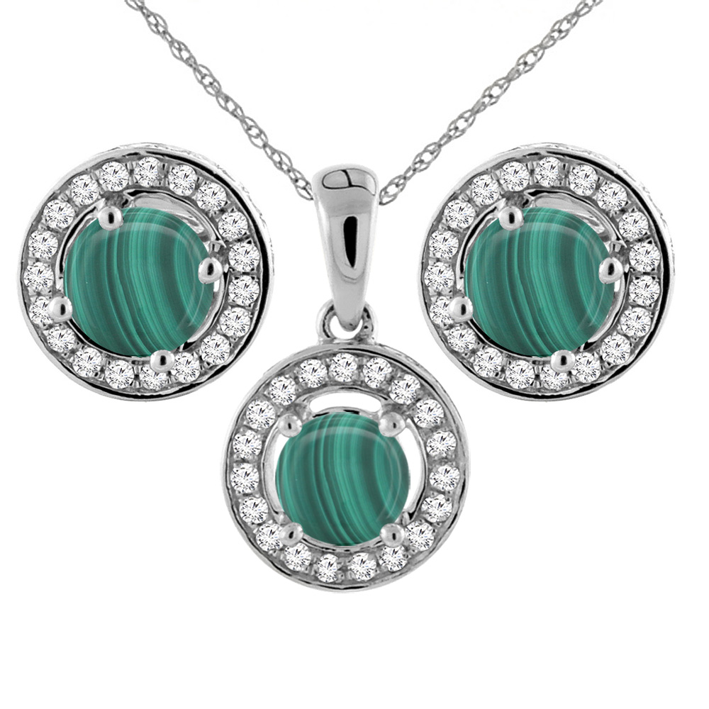 14K White Gold Natural Malachite Earrings and Pendant Set with Diamond Halo Round 5 mm