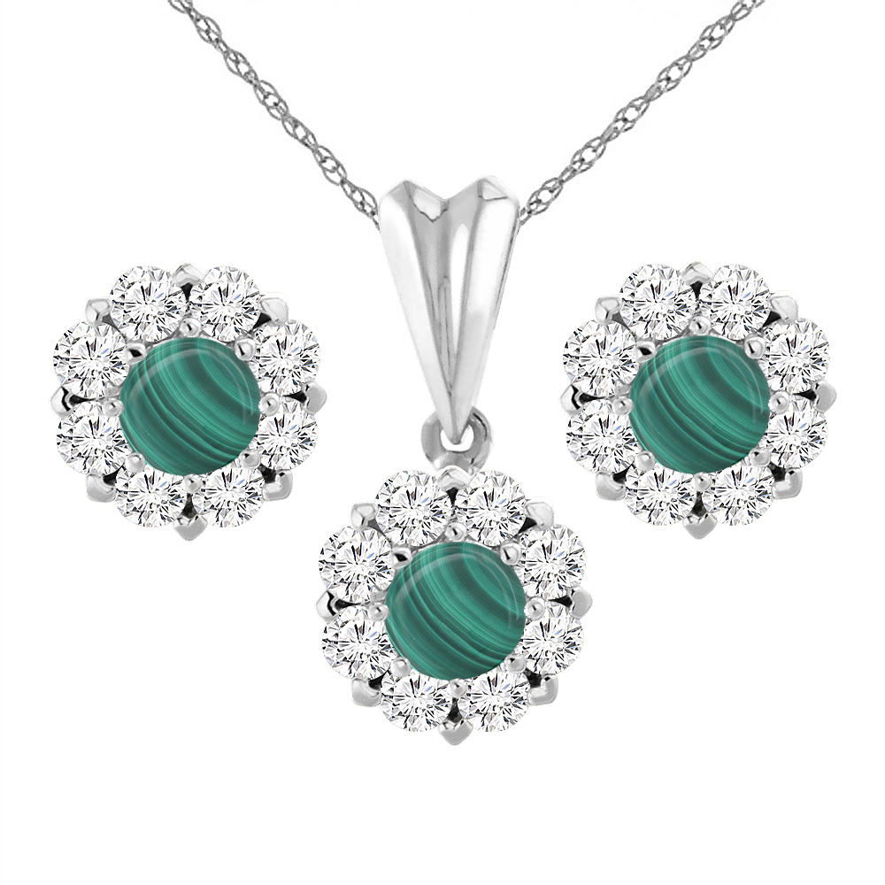 14K White Gold Natural Malachite Earrings and Pendant Set with Diamond Halo Round 6 mm
