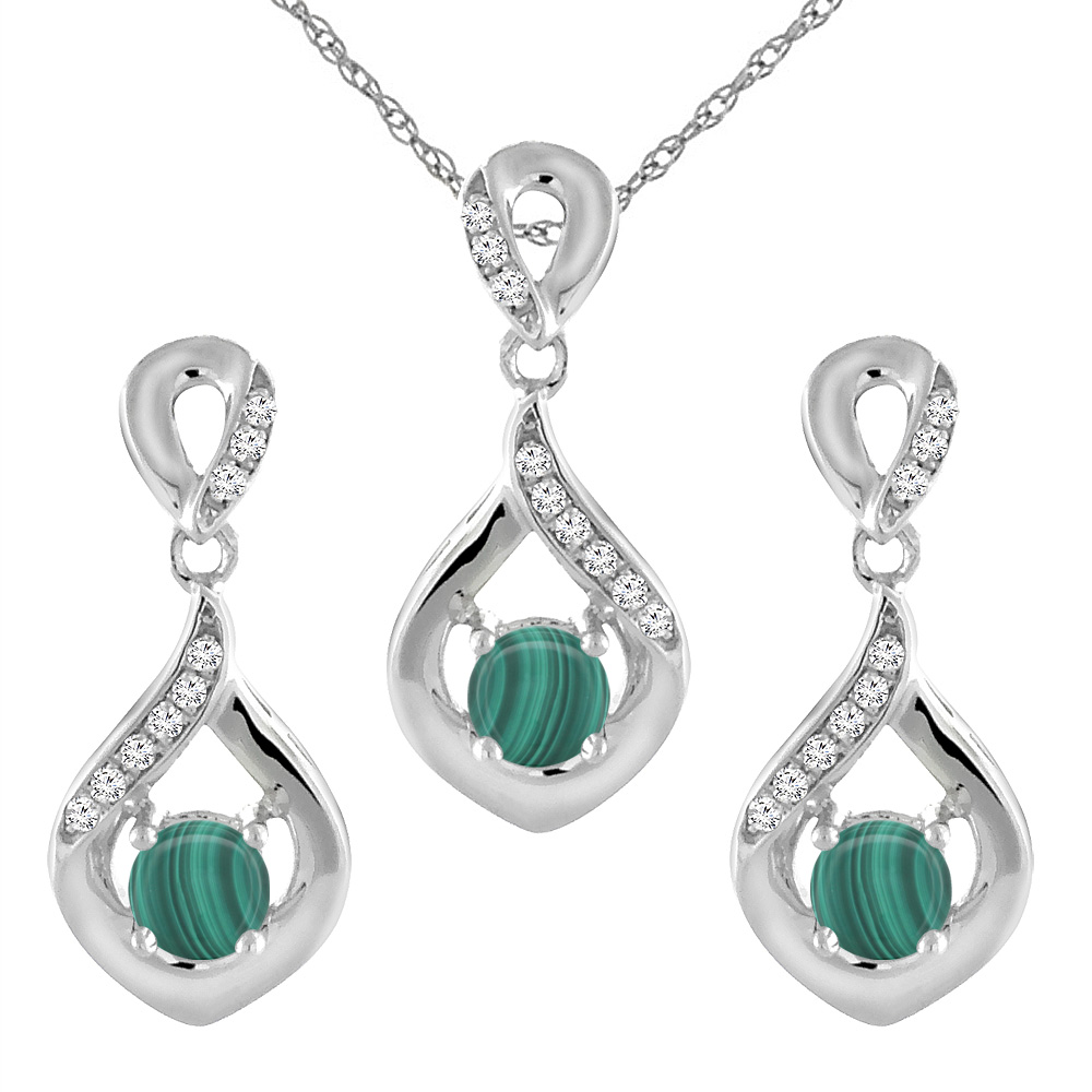 14K White Gold Natural Malachite Earrings and Pendant Set with Diamond Accents Round 4 mm