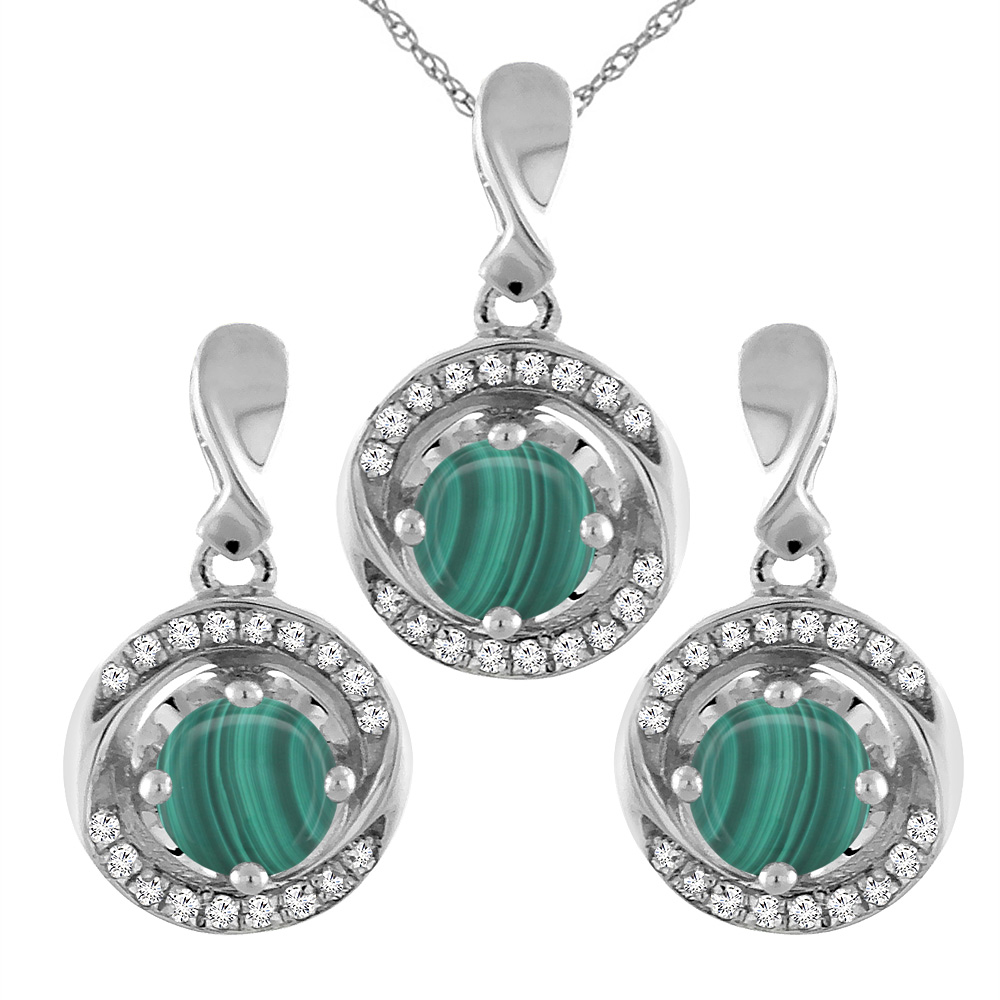 14K White Gold Natural Malachite Earrings and Pendant Set with Diamond Accents Round 4 mm