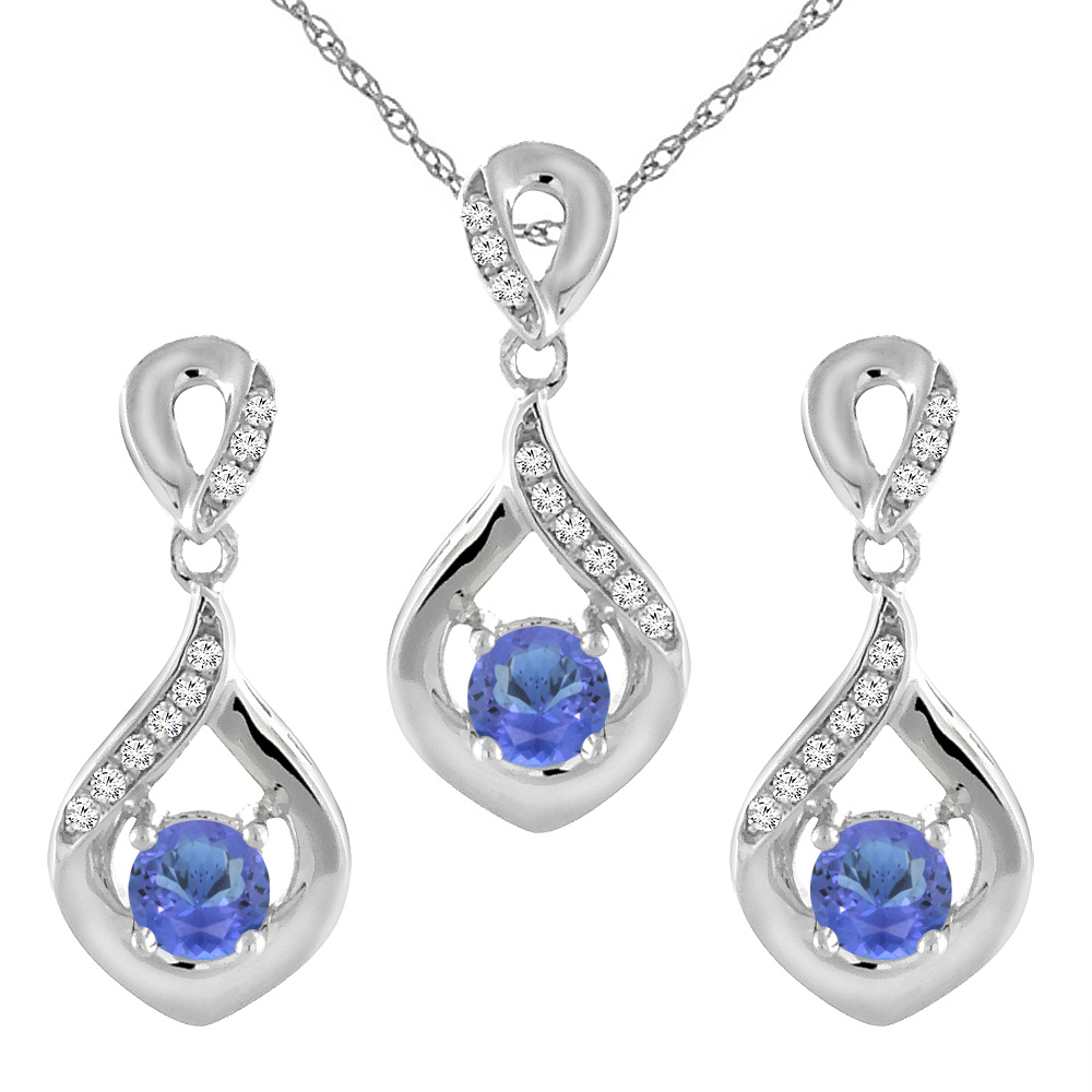 14K White Gold Natural Tanzanite Earrings and Pendant Set with Diamond Accents Round 4 mm