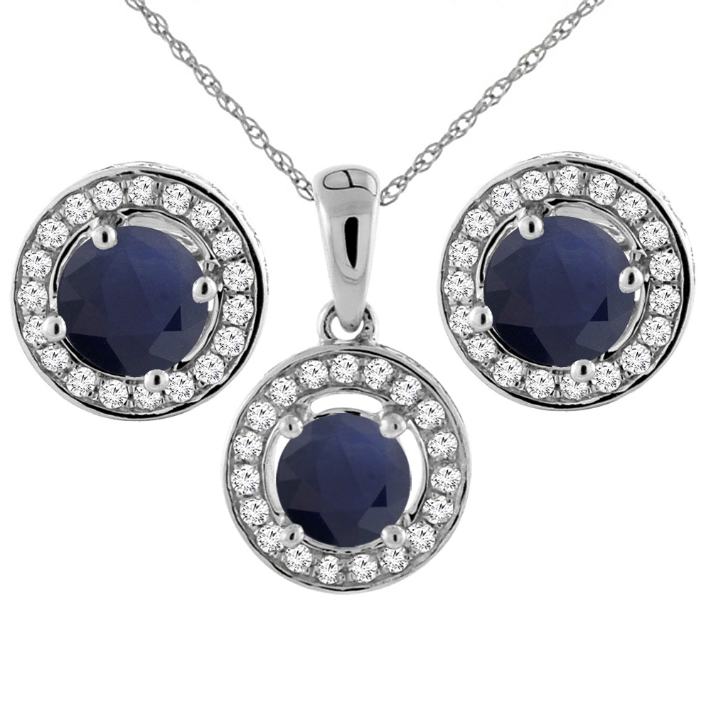 14K White Gold Diamond Halo Natural Quality Blue Sapphire Earrings &amp; Pendant Set Round 5 mm