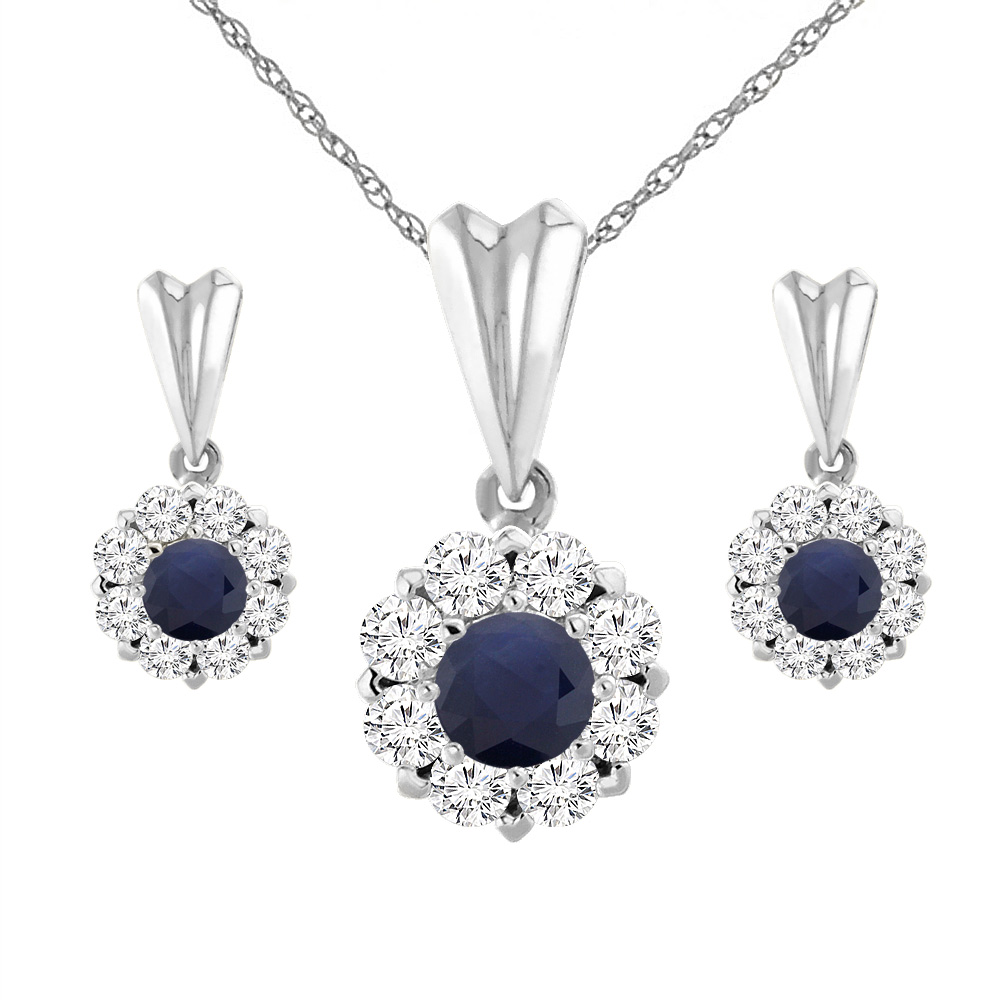 14K White Gold Diamond Halo Natural Quality Blue Sapphire Earrings &amp; Pendant Set Round 4 mm