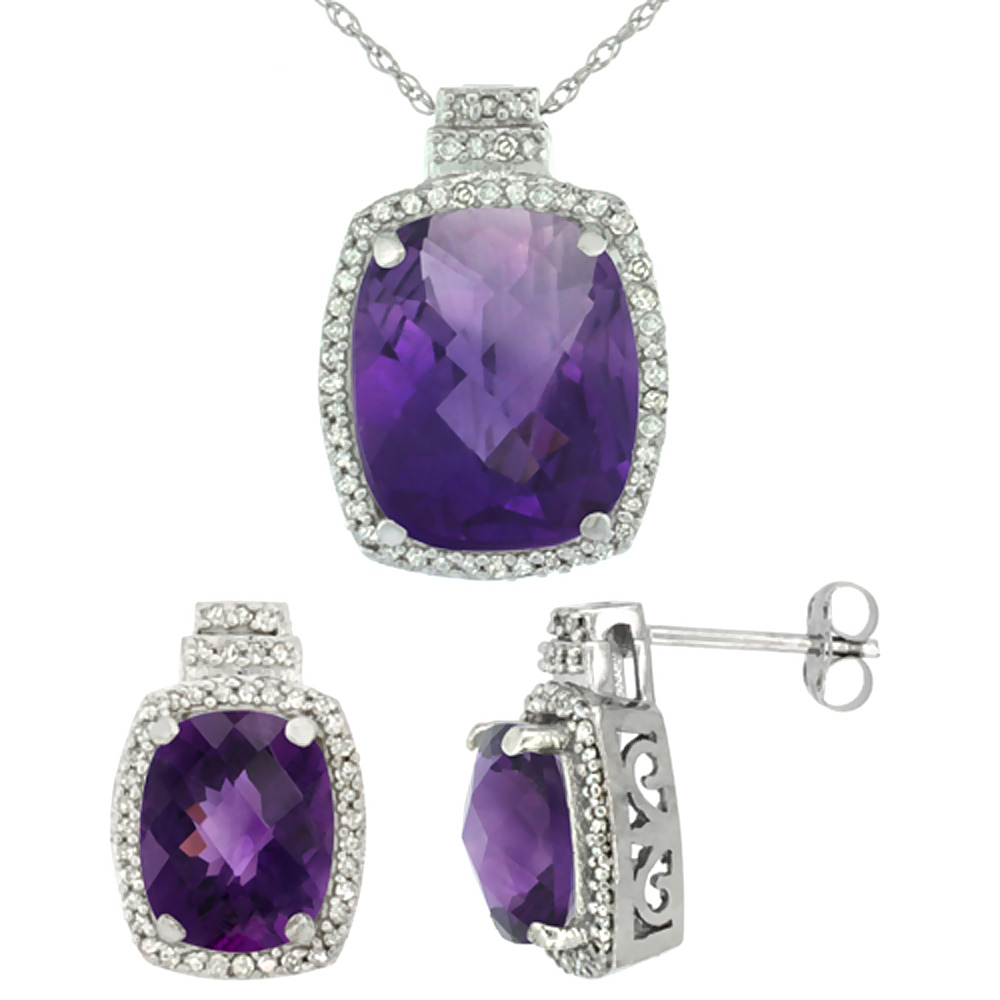 10K White Gold Diamond Natural Amethyst 8x6mm Earrings &amp; 11x9mm Pendant Set Octagon Cushion