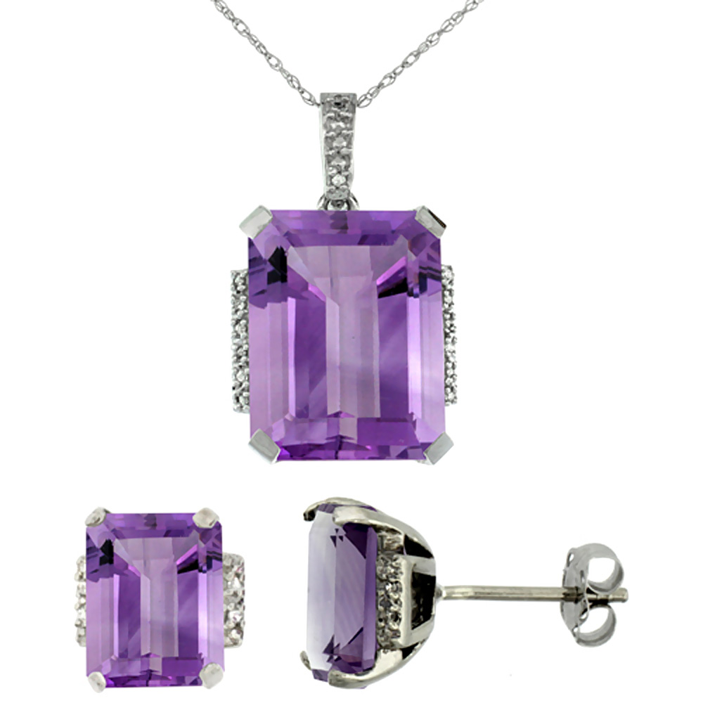 10K White Gold Natural Octagon Amethyst Earrings & Pendant Set Diamond Accents