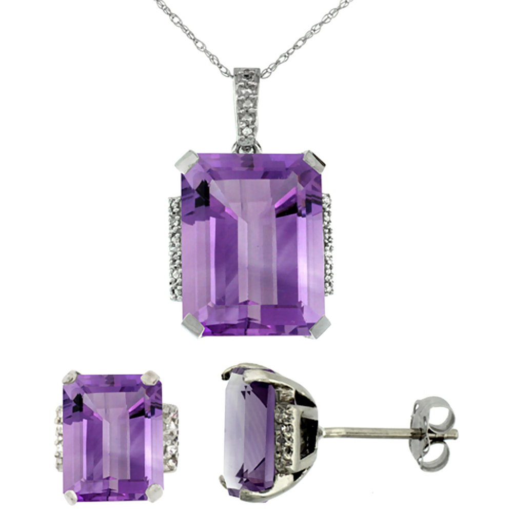 10K White Gold Natural Octagon Amethyst Earrings &amp; Pendant Set Diamond Accents