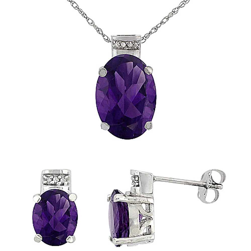 10K White Gold Diamond Natural Oval Amethyst Earrings &amp; Pendant Set