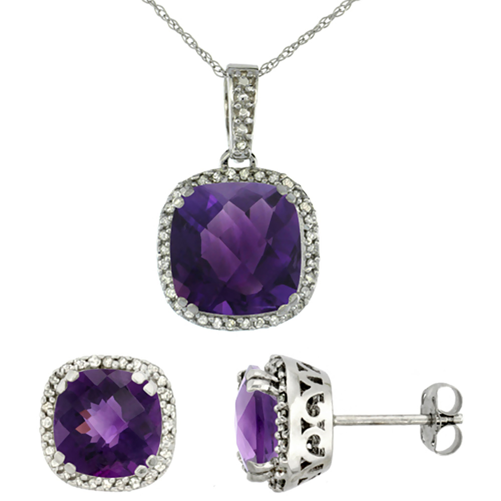 10k White Gold Diamond Halo Natural Amethyst Earring Necklace Set 7x7mm &amp; 10x10mm Cushion Shaped, 18 inch