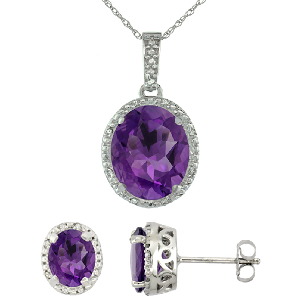 10K White Gold Diamond Halo Natural Amethyst Earrings Necklace Set Oval 7x5mm &amp; 12x10mm, 18 inch