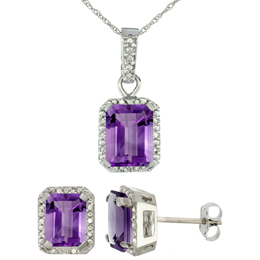 10K White Gold Natural Octagon 8x6 mm Amethyst Earrings &amp; Pendant Set Diamond Accents