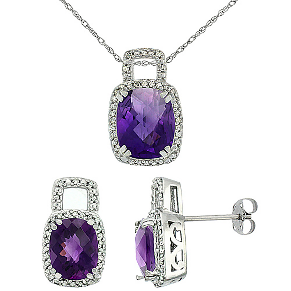 10K White Gold Natural Octagon Cushion Amethyst Earrings &amp; Pendant Set Diamond Accents