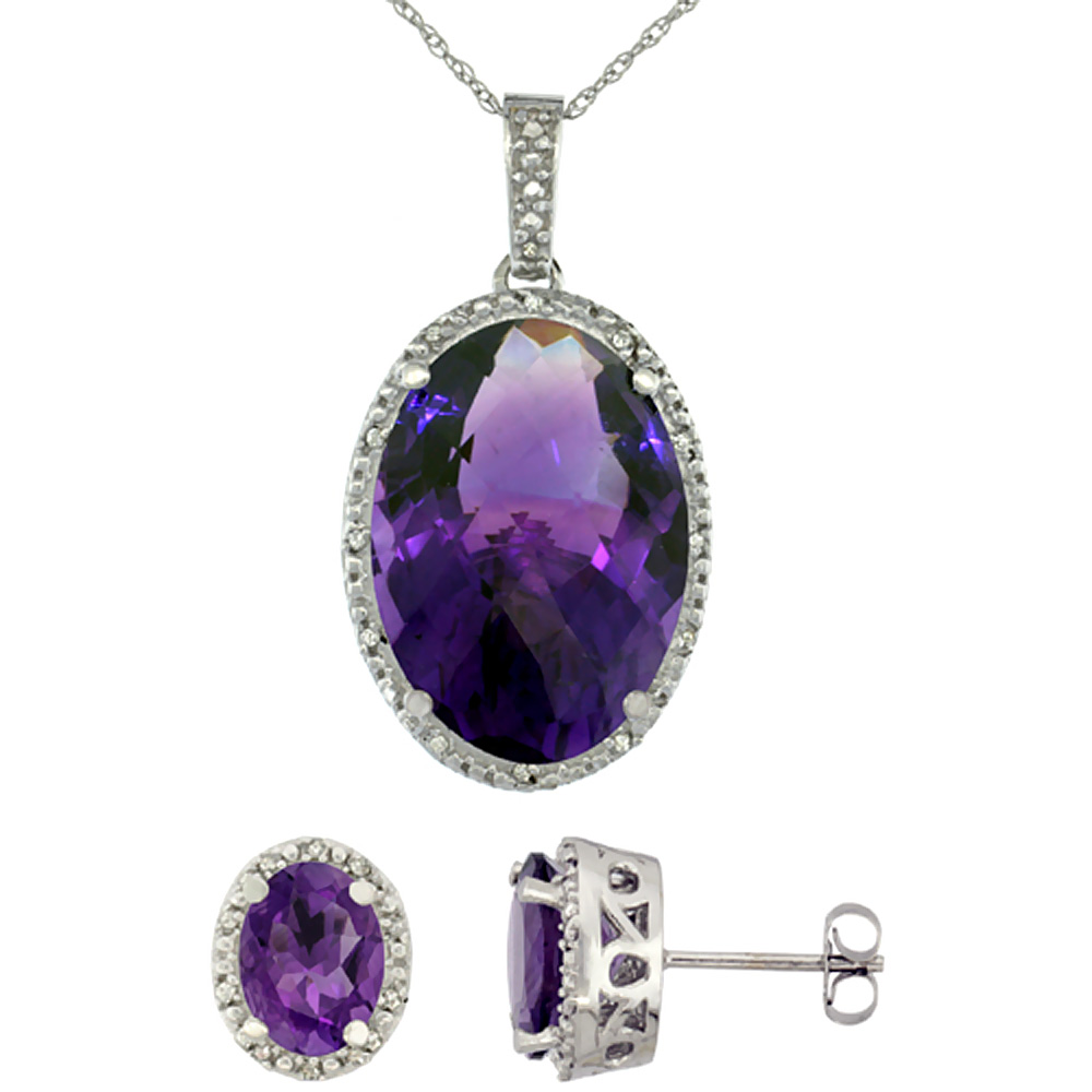 10K White Gold Diamond Natural Oval Amethyst Earrings & Pendant Set