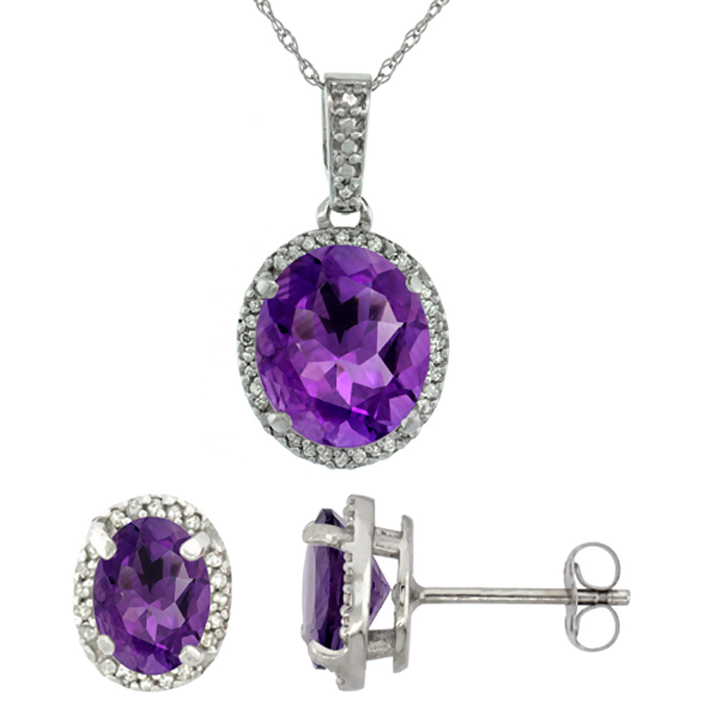 10K White Gold Diamond Natural Amethyst Oval Earrings &amp; Pendant Set