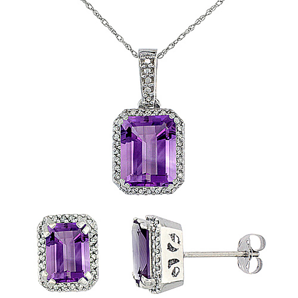 10K White Gold Diamond Natural Octagon Amethyst Earrings & Pendant Set