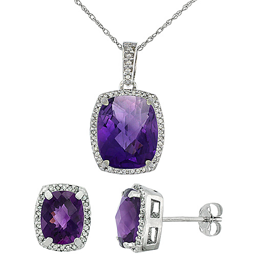 10K White Gold Natural Amethyst Octagon Cushion Earrings & Pendant Set