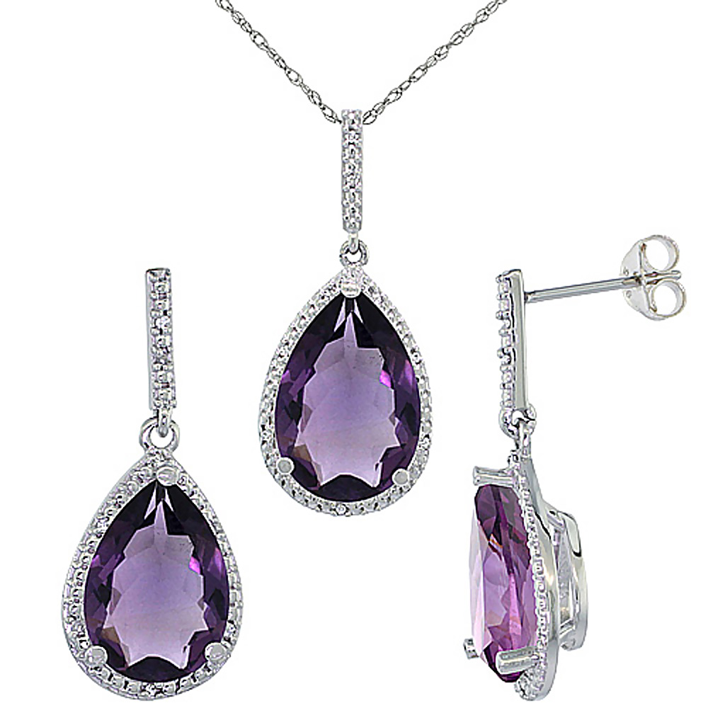 10K White Gold Diamond Natural Amethyst Earrings Necklace Set Pear Shaped 12x8mm & 15x10mm, 18 inch long