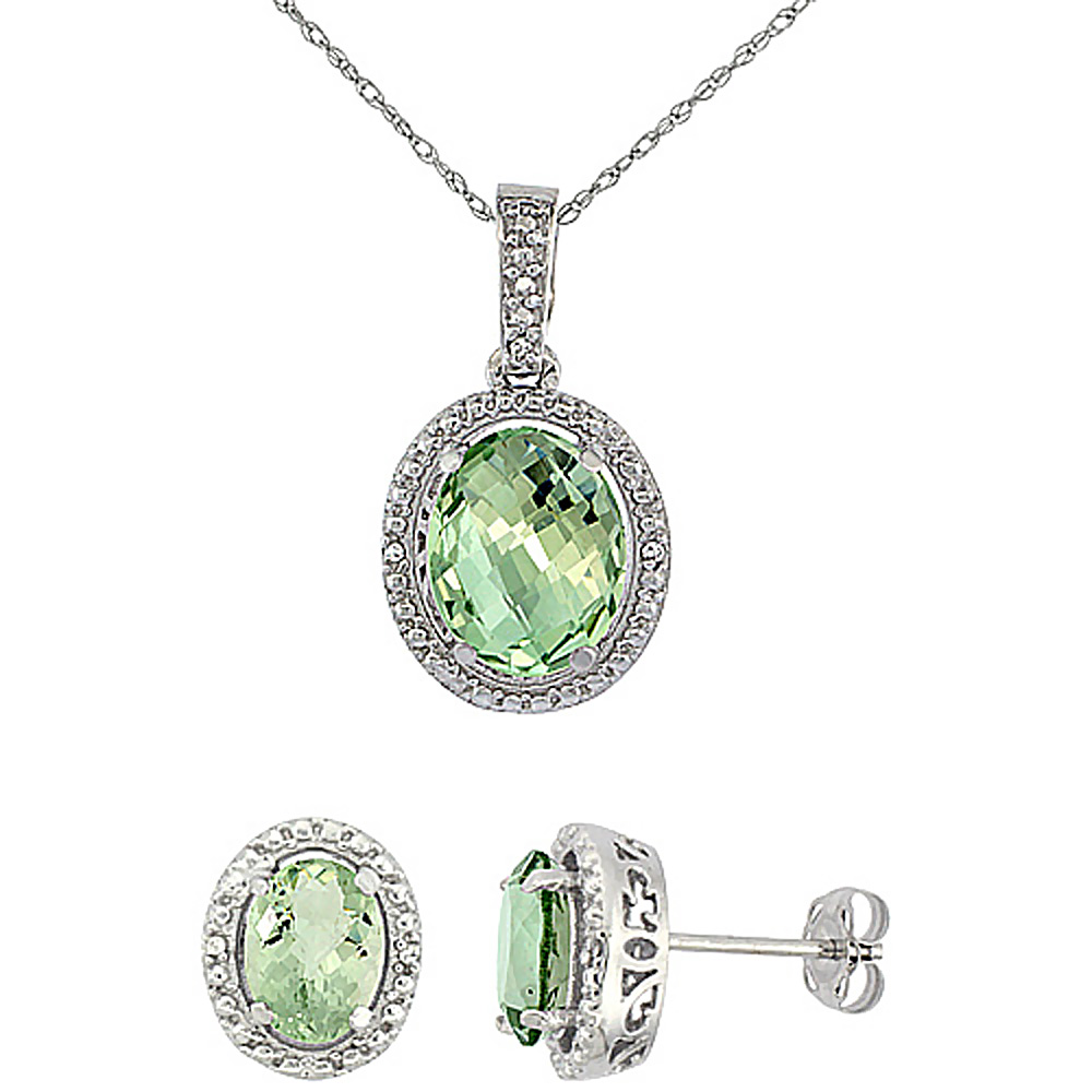 10K White Gold Diamond Natural Green Amethyst Oval Earrings &amp; Pendant Set