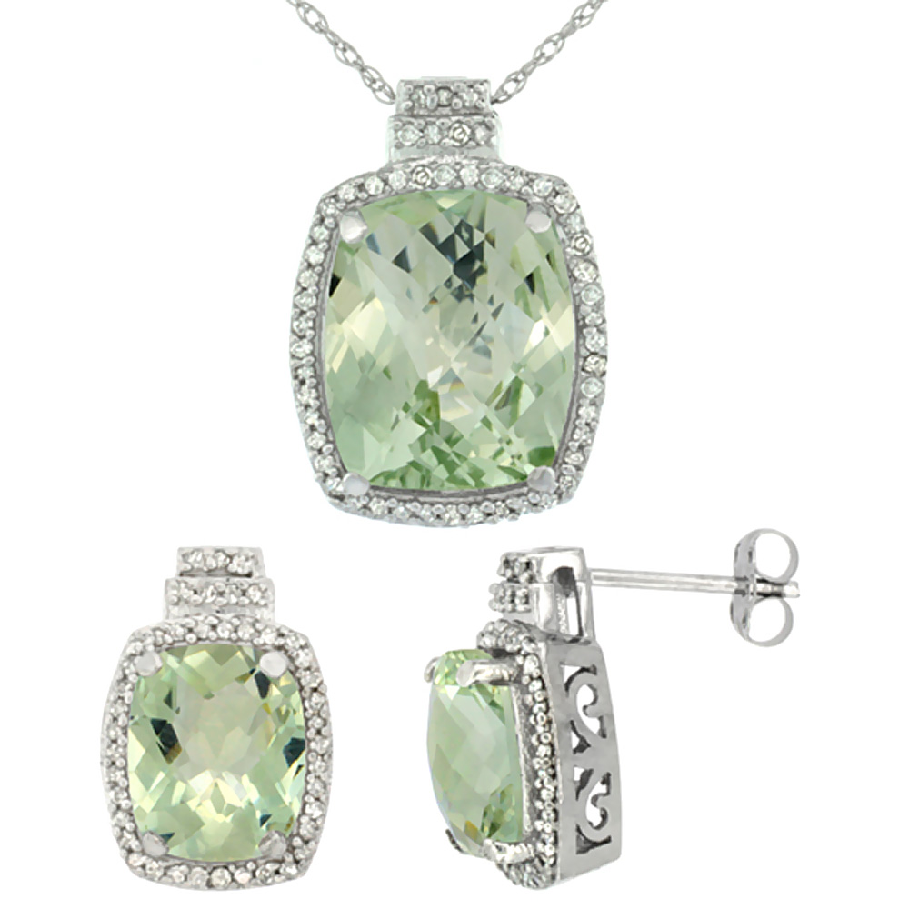 10K White Gold Diamond Natural Green Amethyst 8x6mm Earring & 11x9mm Pendant Set Octagon Cushion